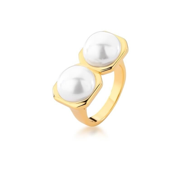 ANEL COM QUADRADOS LISOS E PÉROLAS SHELL BANHADO A OURO - Image 2