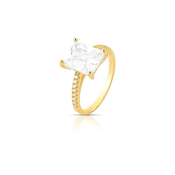 ANEL COM CRISTAL RETANGULAR E ZIRCÔNIAS BANHADO A OURO