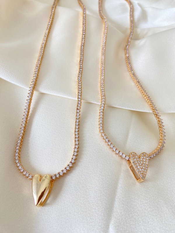 COLAR RIVIERA 3 PONTAS 2MM BANHADO A OURO + BRINDE 1 PINGENTE CORAÇÃO